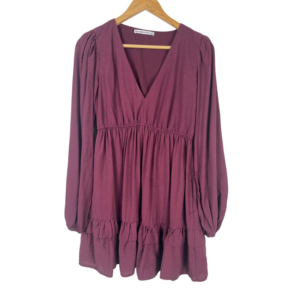 Abercrombie Fitch Burgundy Long Sleeve Ruffle Tiered Babydoll Dress Small Pocket